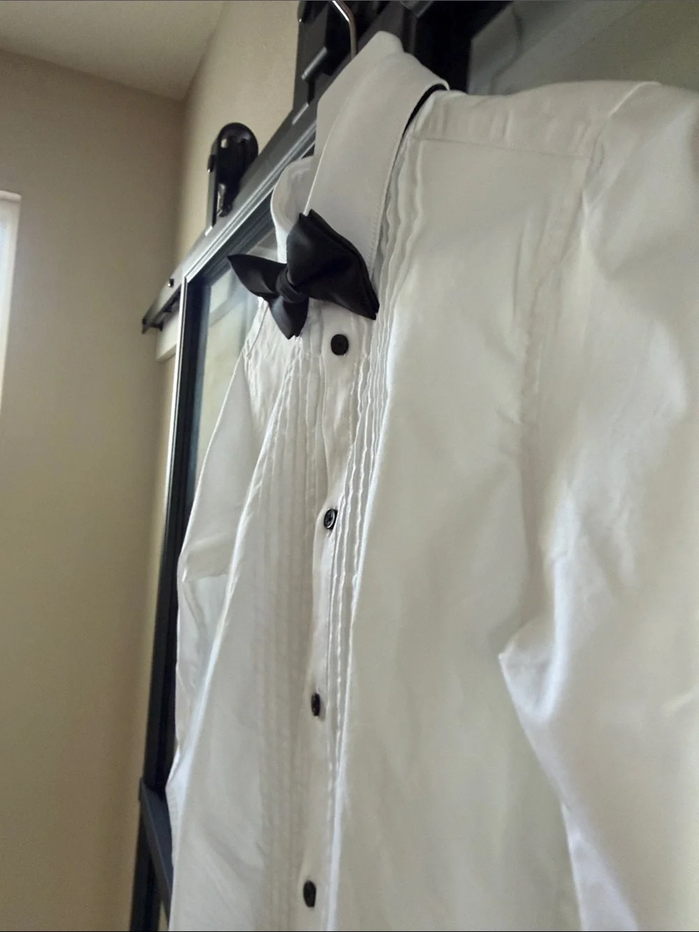Boys Calvin Klein White Pleated Tuxedo Shirt with Black Buttons and Bow Tie